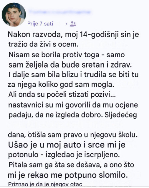 Pustila je sina da živi sa ocem, a onda shvatila da mu je hitno potrebna pomoć: Tišina četrnaestogodišnjaka skrivala je bolnu istinu - featured image Pustila je sina da živi sa ocem, a onda shvatila da mu je hitno potrebna pomoć: Tišina četrnaestogodišnjaka skrivala je bolnu istinu - featured image